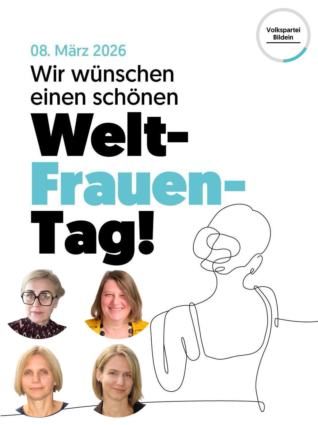 Ein Poster zeigt vier Frauen und eine Silhouette einer Frau und feiert den Weltfrauentag am 8. März 2020. Der Text 'Wir wünschen einen schönen Welt-Frauen-Tag!' ist in Fettschrift zu sehen. Die Frauen tragen Freizeitkleidung. Der Hintergrund des Posters ist weiß.