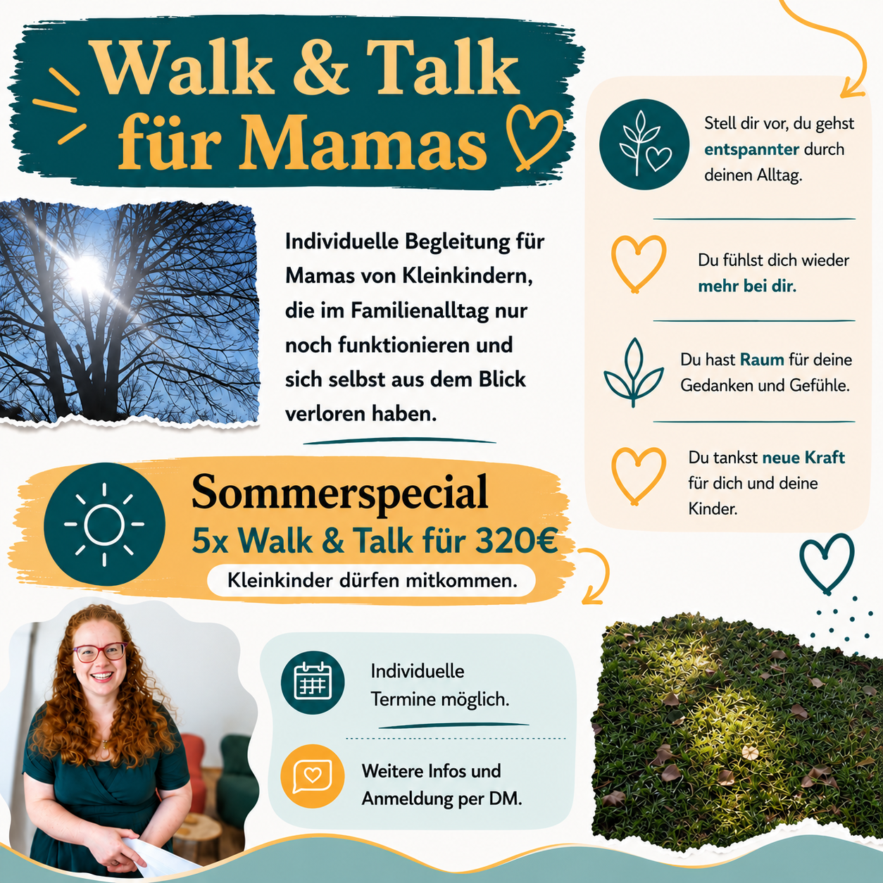 An advertisement for a walk and talk program for mothers, featuring a smiling woman, a tree, and a green mossy surface. It includes text about individual support, family day, and a summer special offer.