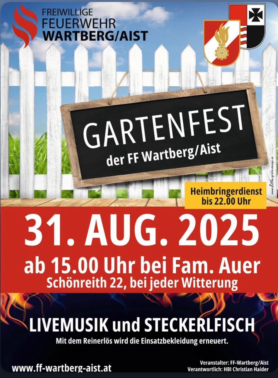 Plakat für Gartenfest der FF Wartberg/Aist, 31. August 2025, ab 15 Uhr. Mit Livemusik und gegrilltem Fisch.