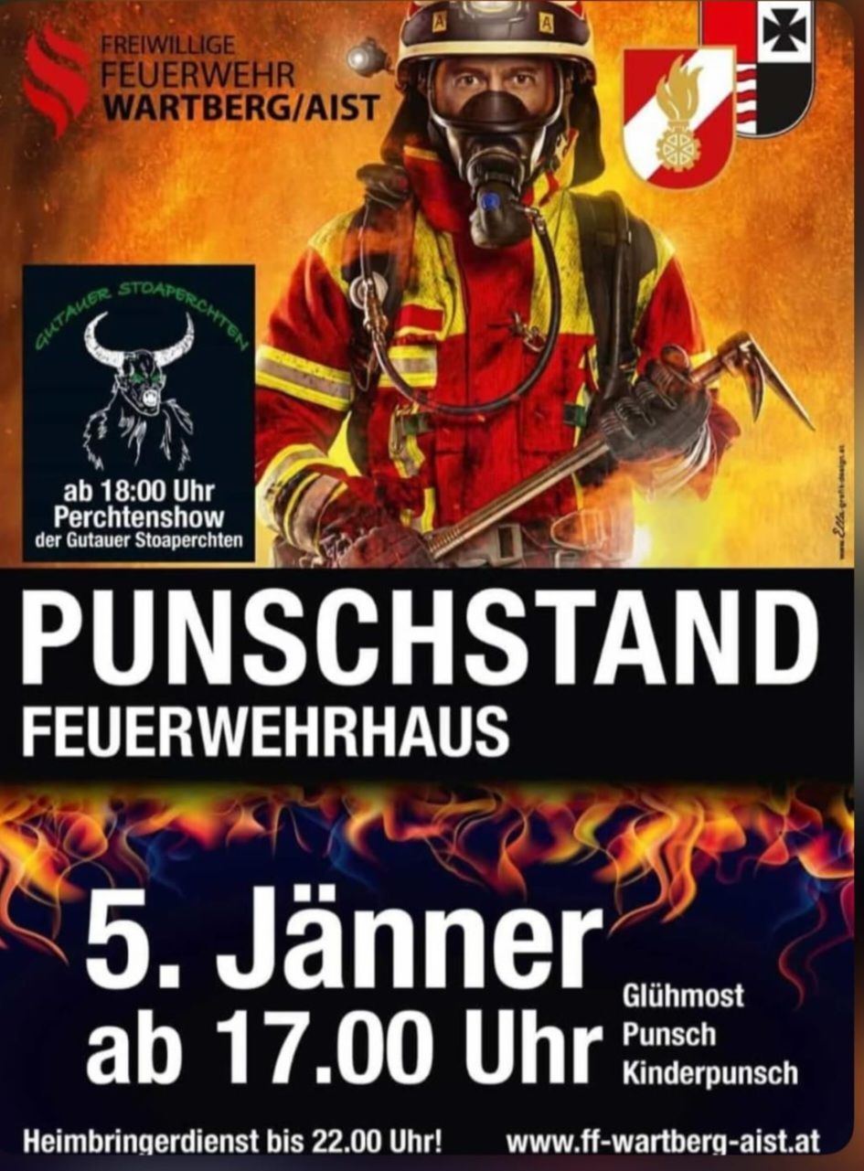 Plakat der Giktauer Stoaperchten mit einem Feuerwehrmann und Ausrüstung. Der Plakattext lautet 'Punschstand Feuerwehrhaus' und '5. Jänner' mit Flammen im Hintergrund.