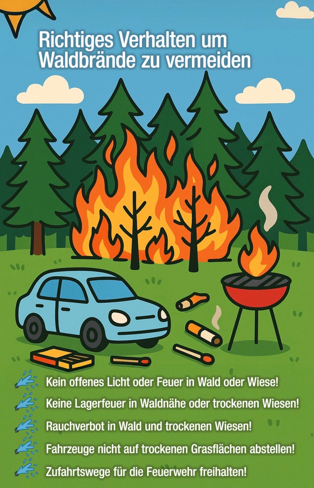 Eine Illustration eines Autos, eines Grills und einer Waldbrandwarnung. Ein Auto ist geparkt, ein Grill mit Feuer und es gibt rauchende Gegenstände. Bäume umgeben das Gebiet, und es gibt eine Warnmeldung.