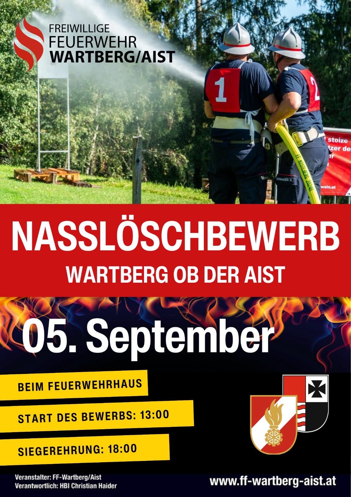 Plakat für einen Löschwettbewerb in Wartberg ob der Aist am 5. September mit Feuerwehrleuten, einer Wasserspritze und einem Feuerlöscher.