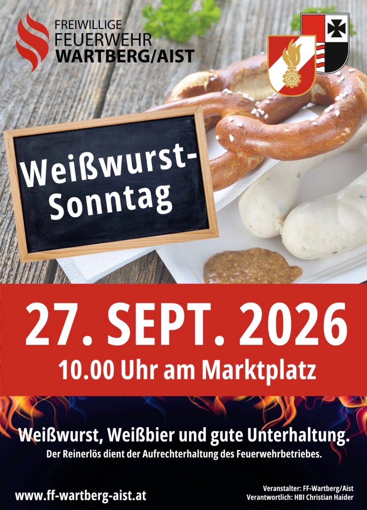 Poster advertising Weisswurst Sunday on September 27, 2026, featuring a blackboard with the event name, a plate of sausages, and a fire background.