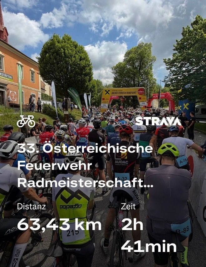 A crowd of cyclists gathered for the 33. Osterreichische Feuerwehr Radmeisterschaft. Distance covered is 63,43 km, and time taken is 2 hours 41 minutes.