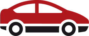 Ein rotes Auto mit vier Rädern, schwarzen Reifen und einem schwarzen Streifen entlang der Unterseite.