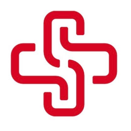 Ein rotes Kreuz-ähnliches Symbol besteht aus vier miteinander verbundenen geschwungenen Linien, die eine quadratische Form bilden, auf weißem Hintergrund dargestellt.