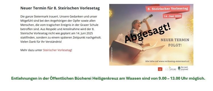 Ein Flyer für das Repair Cafe in Heiligenkreuz, Österreich, kündigt einen neuen Termin für den 8. Steirischen Vorlesetag an, der ursprünglich für den 14. Juni 2025 geplant war. Die Veranstaltung wurde aufgrund tragischer Umstände abgesagt. Der Flyer enthält einen QR-Code für weitere Informationen.