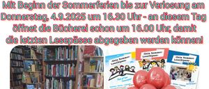 Plakat zur Ankündigung des 'Ferien(s)pass 2025'. Bibliotheksbücher und Lesepässe sind abgebildet. Machen Sie mit beim Sommerlesepass und gewinnen Sie. Von Beginn der Sommerferien bis zum Ende am Donnerstag, 4.9.2025, um 16.30 Uhr. An diesem Tag öffnet die Bücherei schon um 16.00 Uhr, damit die letzten Lesepässe abgegeben werden können.