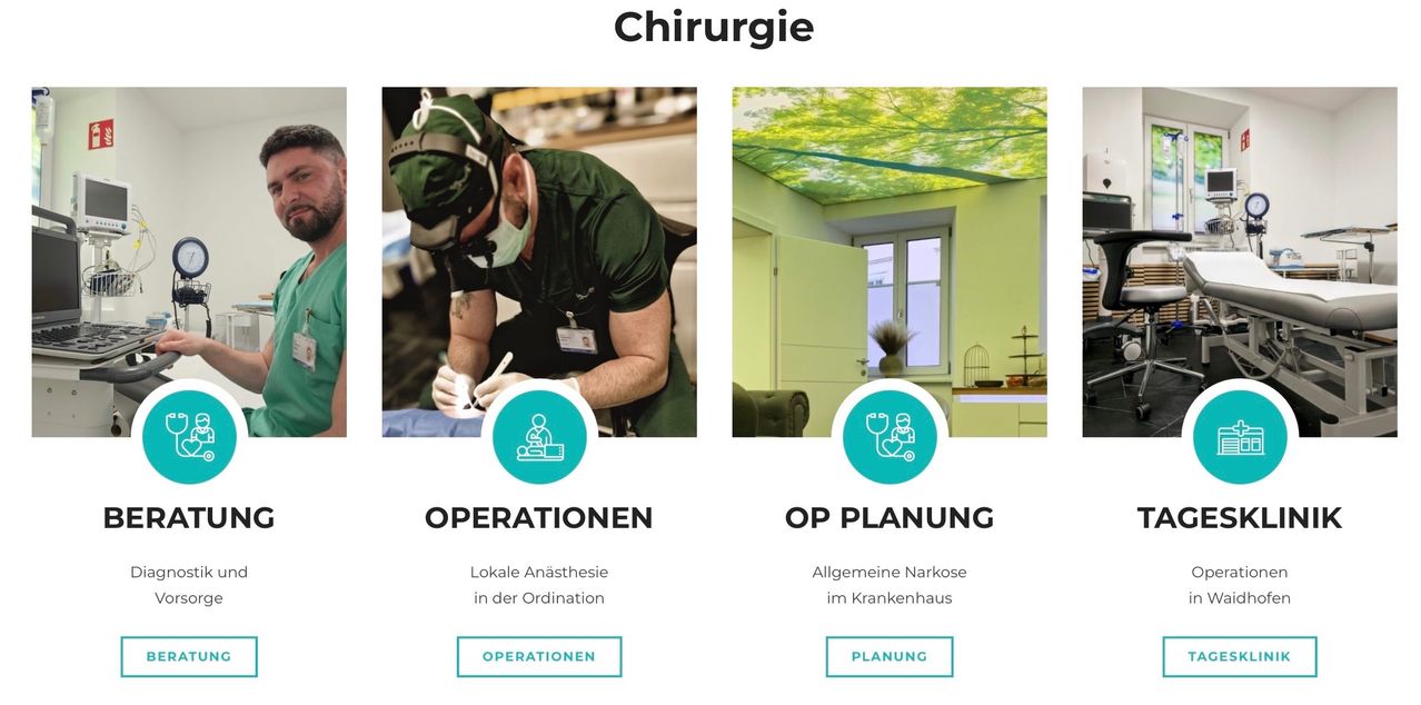 Das Bild zeigt zwei Panels mit chirurgischem Inhalt. Das linke Panel zeigt einen Chirurgen in einer Klinik, der eine Operation durchführt, mit dem Titel 'OPERATIONEN' und 'Lokale Anasthesie in der Ordination'. Das rechte Panel zeigt einen Raum mit einem Krankenhausbett und einer Deckengestaltung, mit dem Titel 'OP PLANUNG' und 'Allgemeine Narkose im Krankenhaus.'