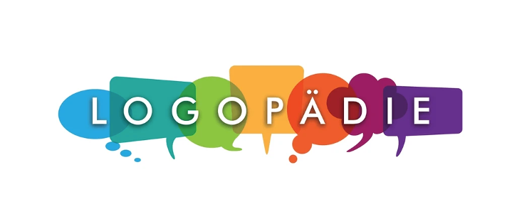 Das Logopadie-Logo zeigt mehrere bunte Sprechblasen, die in einem kreisförmigen Muster angeordnet sind. Jede Blase enthält die Buchstaben des Wortes 'Logopadie' in verschiedenen Farben. Das Gesamtdesign ist lebendig und ansprechend.