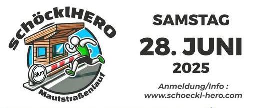 Plakat für die Schockl Hero Veranstaltung, geplant für Samstag, 28. Juni 2025. Es zeigt einen Mann in einem blauen Trikot, Nummer 59, der mit erhobenen Armen feiert. Das Plakat enthält Details über die Veranstaltung, wie den 8-Kilometer-Bergbike-Rennen und die After-Party im Alpengasthof.