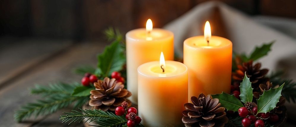 Drei brennende Kerzen, umgeben von Kiefernzapfen, Stechpalme und roten Beeren auf einer Holzoberfläche.