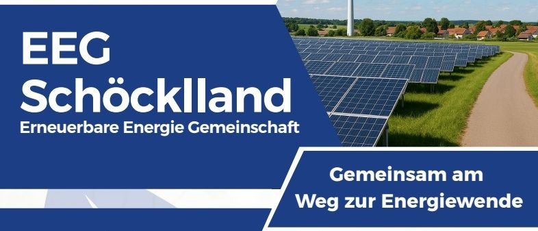 Plakat über EEG Schockland, eine Gemeinschaft für erneuerbare Energie. Es zeigt Optionen wie Stromverkauf, -kauf und -spende, Kosteneinsparungen und regionale Wirtschaftsförderung. Eine Informationsveranstaltung ist für den 7. Oktober 2025 um 18:30 Uhr geplant, mit der Möglichkeit zur Online-Teilnahme.
