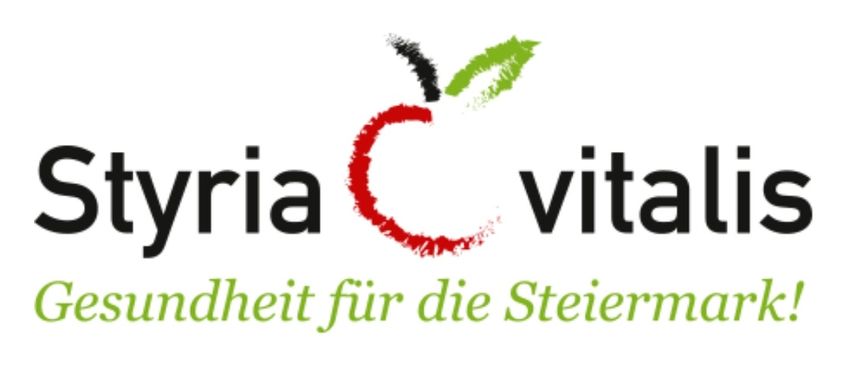Das Logo von 'Vitalis' zeigt ein Apfeldesign mit grünem Blatt und rotem Bissmarke, begleitet von dem Text 'Gesundheit für die Steiermark.'