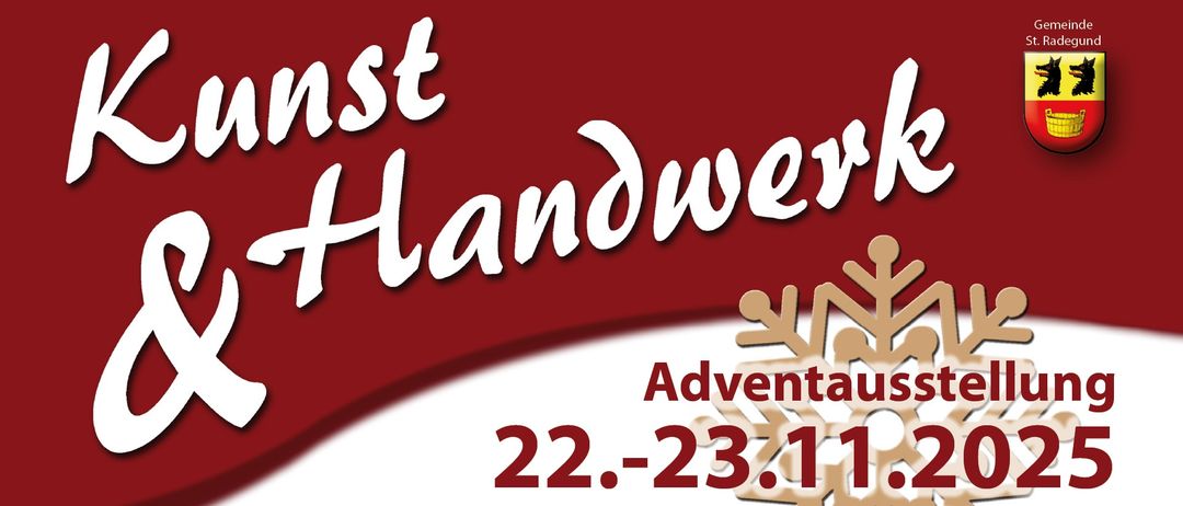 Ein rotes Plakat bewirbt die Handwerk Adventauss Veranstaltung am 22-23.1.2, freier Eintritt im Cursaal St. Randritt. Schneeflocken schmücken die obere rechte Ecke.