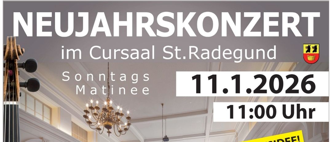 Plakat für eine Sonntagsmatinee mit klassischer Musik von Komponisten wie Johann Strauss Vater und Sohn, Josef Strauss und anderen. Es zeigt eine Geige, einen großen Saal und erwähnt die Verfügbarkeit von Eintrittskarten. Das Datum ist der 11. Januar 2026.