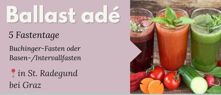 Werbung für Fasten in St. Radegund, Graz, vom 26.03. bis 02.04.2026. Beinhaltet Fastengetränke, Gemüse und eine Kirche im Hintergrund. Kontakt: +43676/3751990, office@mehrbalance.at, www.mehrbalance.at.
