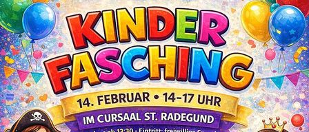 Plakat für Kinder Fasching-Veranstaltung am 14. Februar von 14-17 Uhr. Zeigt einen Piraten und eine Prinzessin, Donuts, Gesichtsbemalung und Spiele. Freier Eintritt nach 13:30 Uhr.