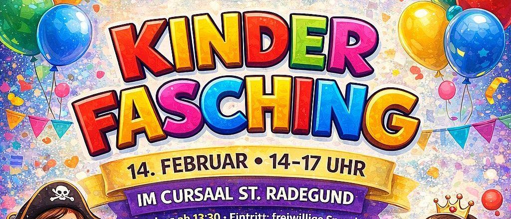 Plakat für Kinder Fasching-Veranstaltung am 14. Februar von 14-17 Uhr. Zeigt einen Piraten und eine Prinzessin, Donuts, Gesichtsbemalung und Spiele. Freier Eintritt nach 13:30 Uhr.