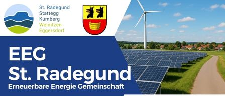 Poster for EEE St. Radegund, a renewable energy community. It features solar panels and promotes selling, buying, and donating electricity, cost savings, and regional economic support. An information event is scheduled for March 10, 2026, at 18:30 in St. Radegund.