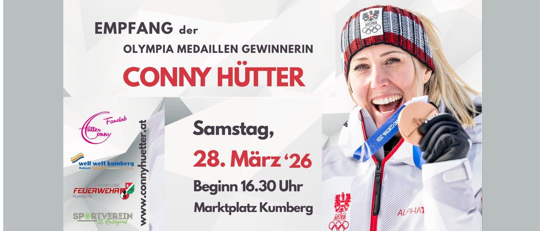 Werbeposter für die Ankunft der Olympia-Medaillengewinnerin am Samstag, 28. März 2026, Beginn um 16:30 Uhr am Marktplatz Kumberg. Frau in Skiausrüstung lächelt und hält eine Medaille.