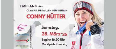 Werbeposter für die Ankunft der Olympia-Medaillengewinnerin am Samstag, 28. März 2026, Beginn um 16:30 Uhr am Marktplatz Kumberg. Frau in Skiausrüstung lächelt und hält eine Medaille.