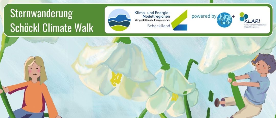 Plakat für eine Samstagsveranstaltung am 18. April 2026 mit Klimaspaziergängen zu Themen und Startpunkten. Eine Illustration von Kindern, die auf Blumen klettern. Es beinhaltet Aktivitäten zu Land- und Wassermanagement, Mobilität und Tourismus. Veranstaltung beginnt um 11:00 Uhr.
