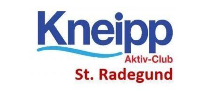 Das Logo für Kneipp Aktiv-Club in St. Radegund ist auf weißem Hintergrund dargestellt. Das Wort 'Kneipp' ist blau, und 'Aktiv-Club' und 'St. Radegund' sind rot.