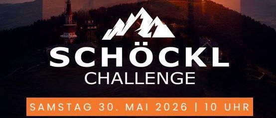 Plakat für die Schockl Challenge-Veranstaltung mit Bergaktivitäten wie Laufen, Radfahren und Paragliding am 30. Mai 2026.
