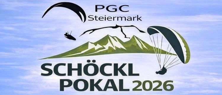 Plakat für das Schöckl Pokal 2026 Paragliding-Event. Termine: 1. - 3. Mai 2026. Ort: St. Radegund - Schöckl (Österreich). Zeigt eine Bergkette mit Paraglidern am Himmel.