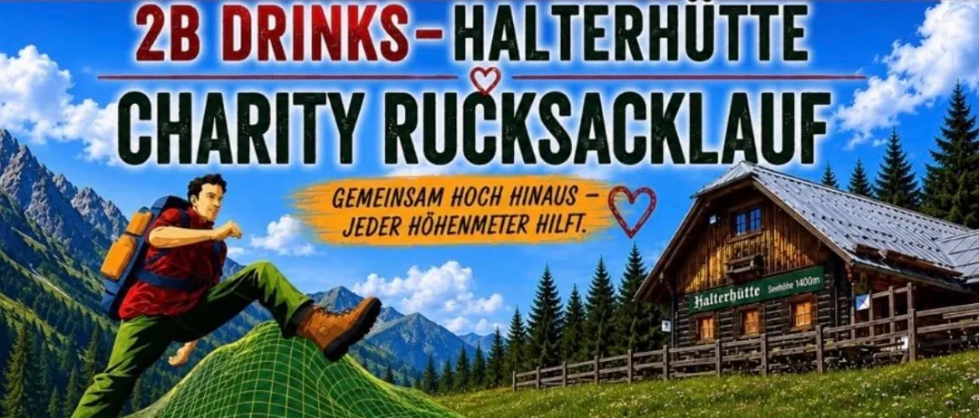 Werbeplakat für einen karitativen Rucksacklauf mit einem Mann auf einem Hügel, Bergen im Hintergrund und dem Datum 26. Oktober 2026.