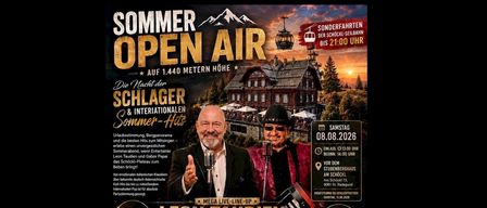 Poster advertising a summer open-air event featuring Leon Taudien and Gabor Papai, with details about the location, date, and special offers.