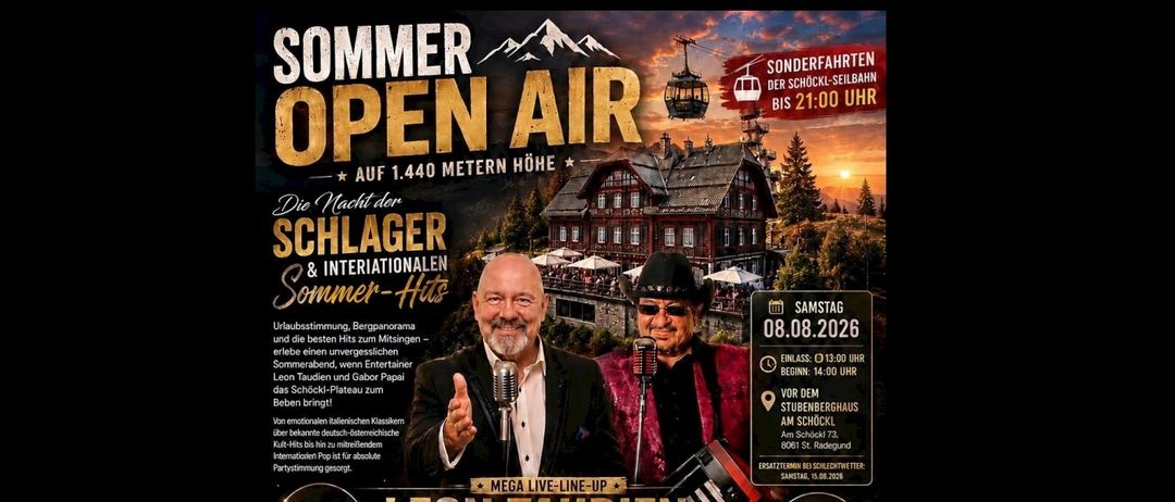 Plakat für eine Sommer-Open-Air-Veranstaltung mit Leon Taudien und Gabor Papai, mit Informationen zum Ort, Datum und Sonderangeboten.