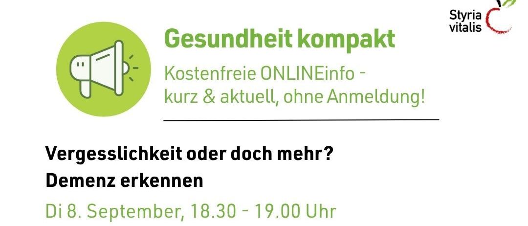 Plakat für eine Online-Veranstaltung über das Erkennen von Demenz, mit einem Lautsprechersymbol, Datum und einem QR-Code. Der Text ist auf Deutsch.