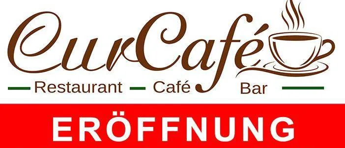 Werbung für CurCafe Restaurant, Café, Bar. Die Eröffnungsveranstaltung am 4. September um 17 Uhr mit Live-Musik. Das Menü umfasst Frühstück, Schnitzel, Burger und Salat. Verschiedene Speisen und Getränke werden angezeigt.