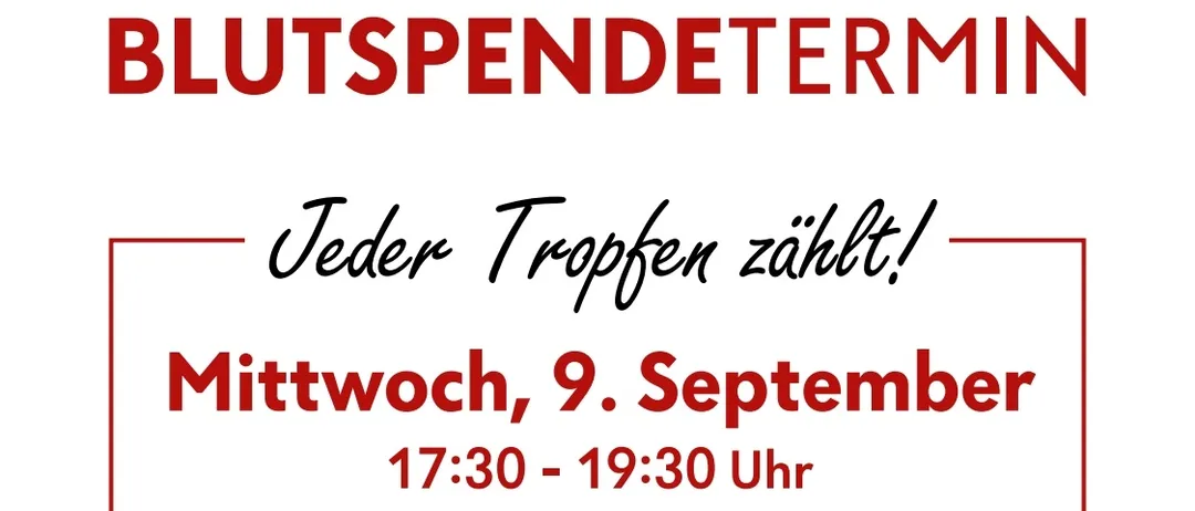 Eine Frau zeigt auf ein weißes T-Shirt mit dem Text 'Jeder Tropfen zahlT' und 'Spende Blut'. Unten befindet sich ein QR-Code und ein roter Rand mit den Veranstaltungsdetails.