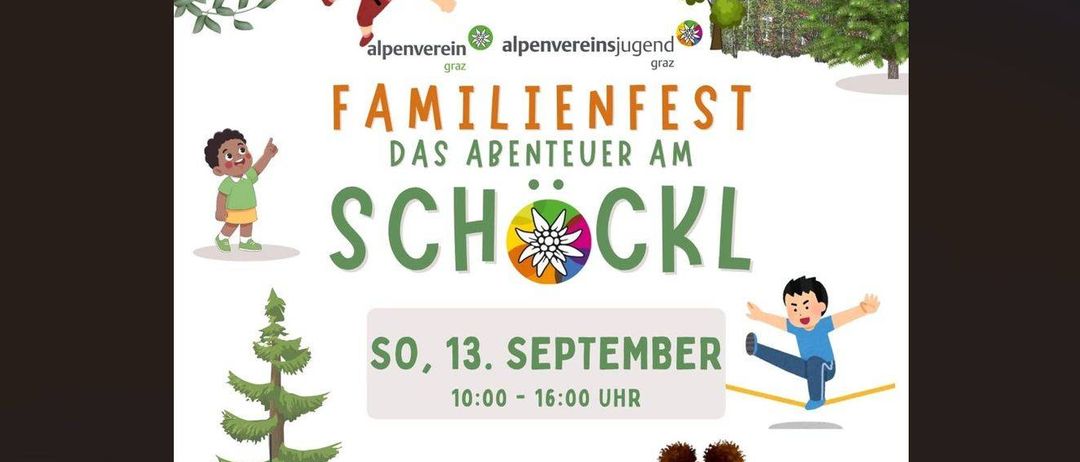 Plakat für das Familienabenteuer-Festival am Schockl am 13. September mit Kindern, die verschiedene Outdoor-Aktivitäten ausüben.