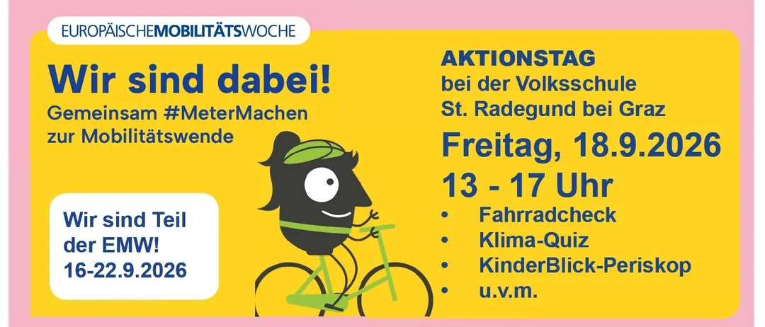 Plakat für die Mobilitätswoche mit einem Cartoon-Charakter, der ein Fahrrad fährt. Das Plakat ist gelb mit weißen und blauen Texten. Es beinhaltet Aktivitäten wie Fahrradtouren, Klima-Quiz und Kinderprogramme.