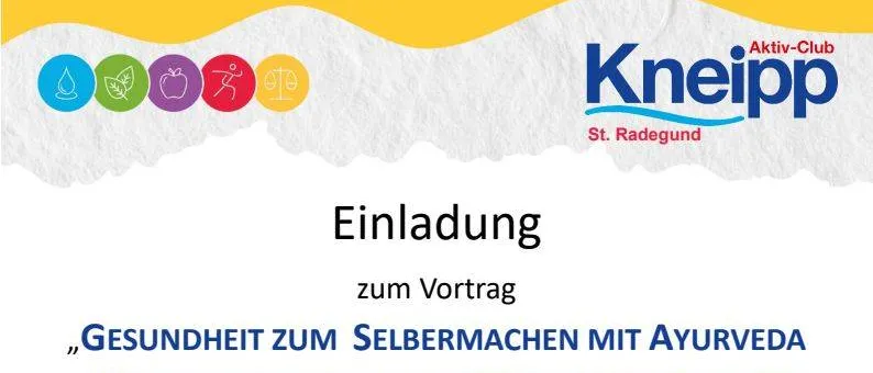 Ein Plakat für eine Gesundheitsveranstaltung in St. Radegund, das ein Kind mit einem bunten Regenschirm unter einem gelben Himmel zeigt.