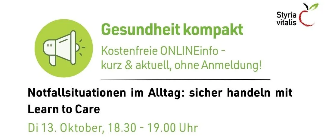 Ein Poster, das einen Online-Kurs zur Altenpflege bewirbt, mit dem Titel 'Gesundheit kompakt', einem Megafon-Symbol und einem QR-Code.