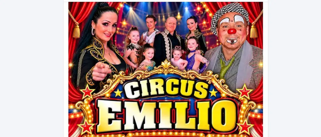 Ein Poster für Circus Emilio mit einer Frau, einem Clown und mehreren Kindern. Die Frau zeigt auf den Clown.