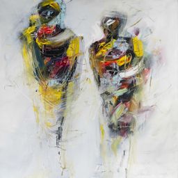 Ein abstraktes Gemälde mit zwei Figuren in leuchtenden Farben. Eine Figur ist in Gelb und Schwarz, die andere in Rot, Gelb und Blau. Das Gemälde ist auf weißem Hintergrund.