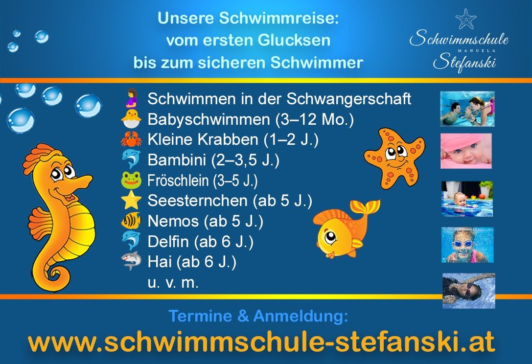Ein Poster, das Schwimmkurse für verschiedene Altersgruppen anbietet, von der Schwangerschaft bis hin zu Kinderkursen. Beinhaltet einen Zeitplan und einen Registrierungslink.