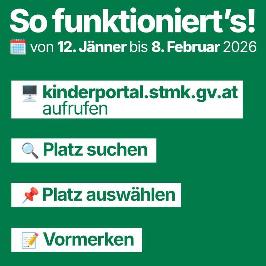 Ein grüner Hintergrund zeigt Anweisungen zur Anmeldung für ein Programm. Die Schritte sind: Webseite besuchen, Ort suchen, Ort auswählen und vormerken. Der Datumsbereich ist vom 12. Januar bis 8. Februar 2026.