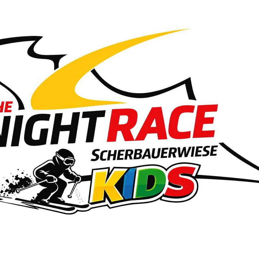 Das Night Race Logo für Scherbauerwiese Kids zeigt einen Skifahrer und eine Berglandschaft in schwarz, gelb und rot.
