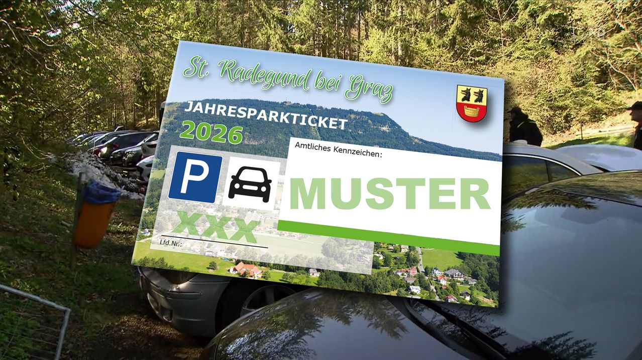 Jahres-Parkticket für 2026 von St. Radegund bei Graz. Es hat ein blaues P-Symbol, ein Auto-Symbol und das Wort 'MUSTER'. Im Hintergrund ist ein grüner Berg.