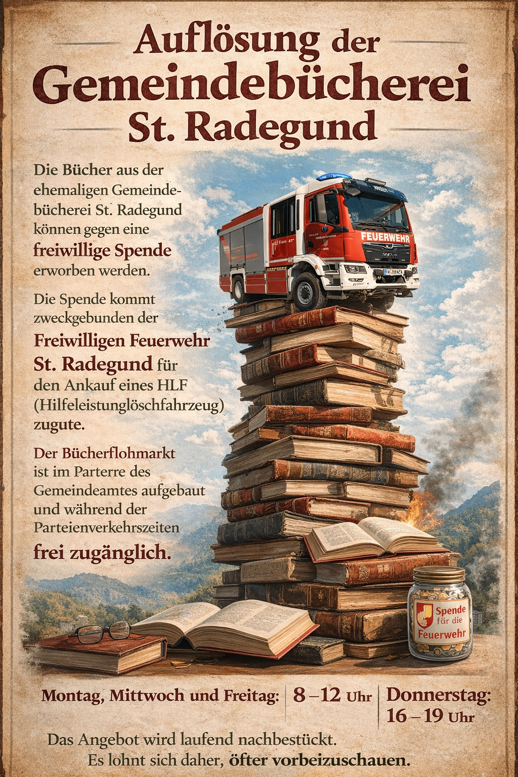 Ein Feuerwehrauto steht auf einem Stapel Bücher aus der alten Gemeindebücherei St. Radegund, die für eine Spende an die örtliche Freiwillige Feuerwehr zum Kauf eines HLF (Hilleistungslöschfahrzeug) zur Verfügung stehen. Der Bücherflohmarkt befindet sich im Gemeindeamt und ist während der Öffnungszeiten frei zugänglich.