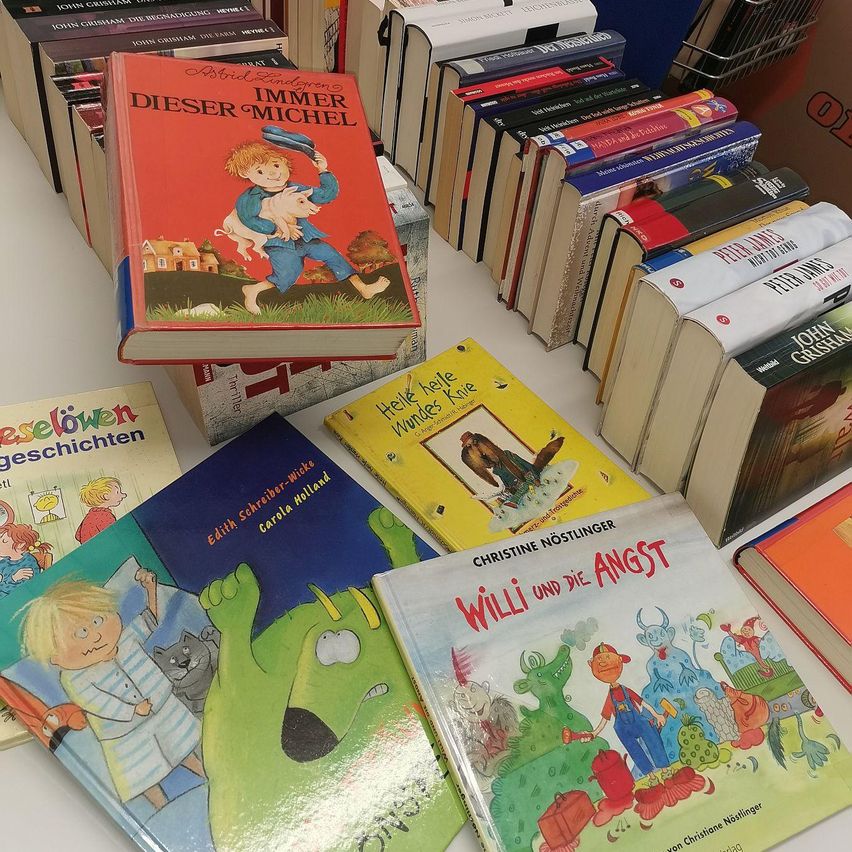 Eine Sammlung von Kinderbüchern auf einem Tisch. Die Bücher haben farbenfrohe Umschläge und verschiedene Titel. Das Buch oben heißt 'Deiner Michel Immer'.