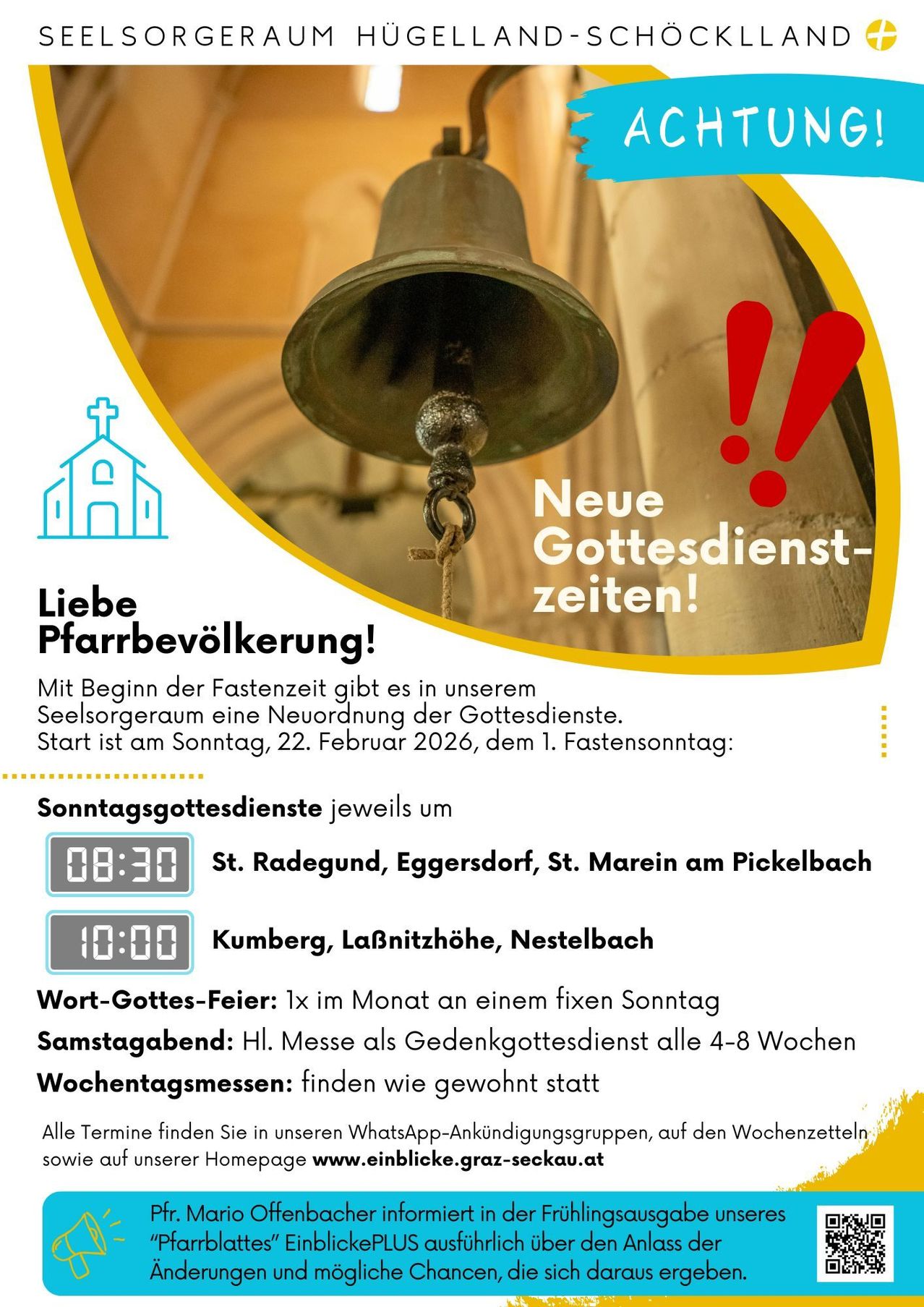 Eine Kirchenglocke mit einem roten Ausrufezeichen ist zu sehen. Es steht 'Neue Gottesdienst-zeiten!' Unten ist ein deutscher Kirchenplan zu sehen. Gottesdienste sind sonntags, samstags und an Wochentagen.