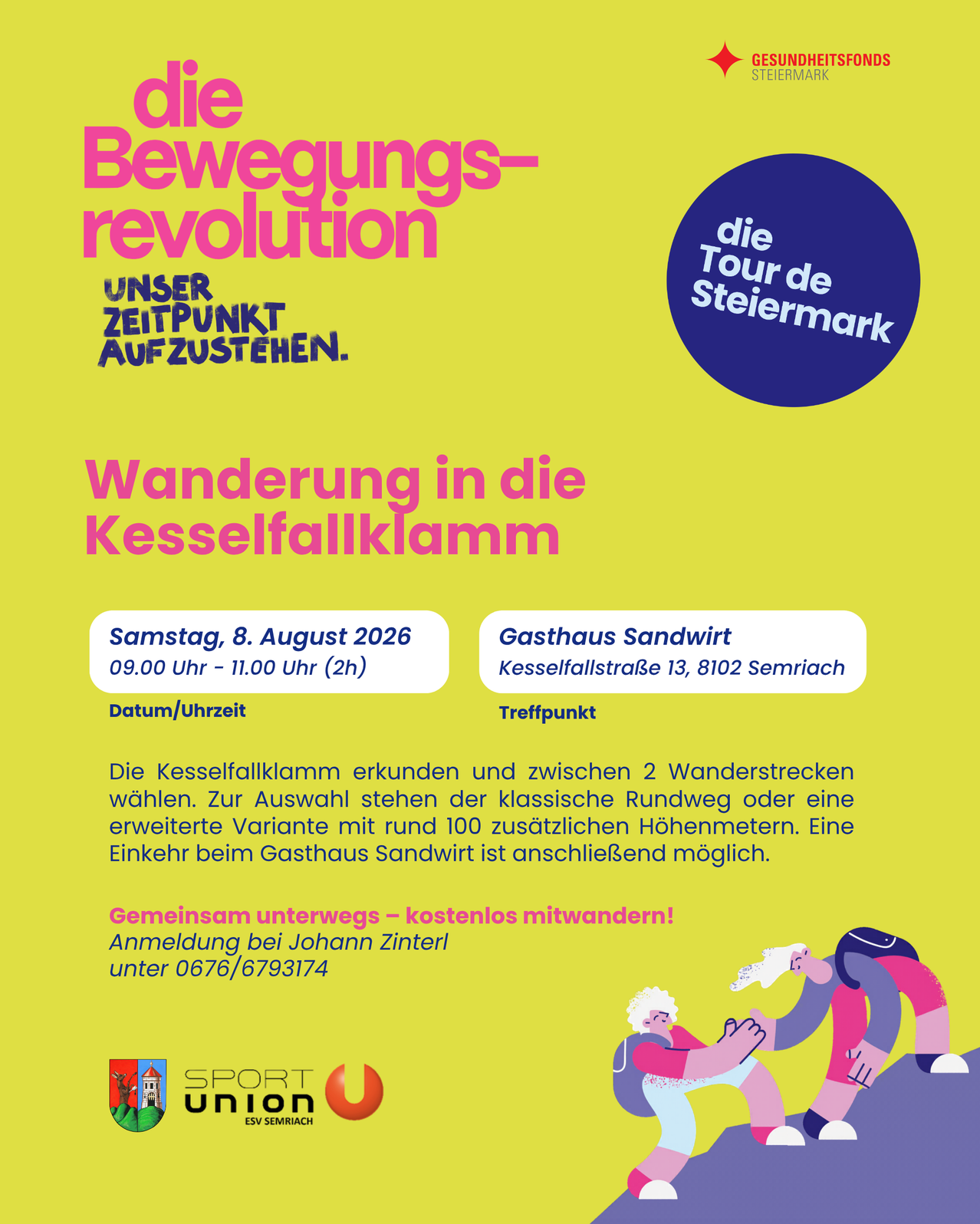 Poster for a hiking event in the Kesselfallklamm on August 8, 2026. Details include time, location, and registration information. Two hiking routes are offered, with an option to rent a bike. The poster features a vibrant yellow background and illustrations of hikers.
